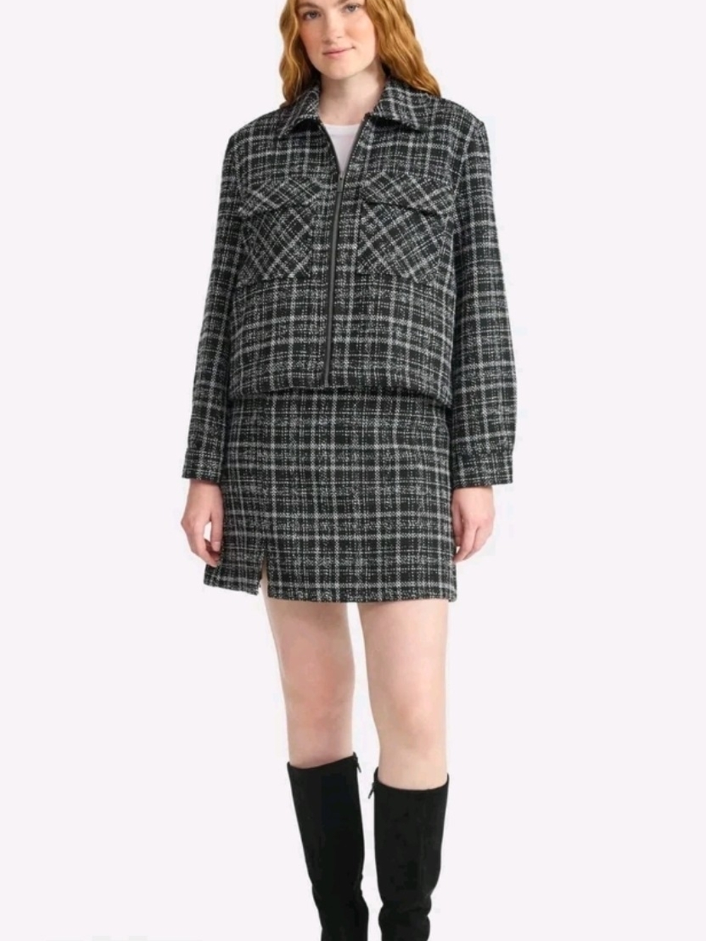 Plus-Size Black & White Plaid Zip-Front Jacket